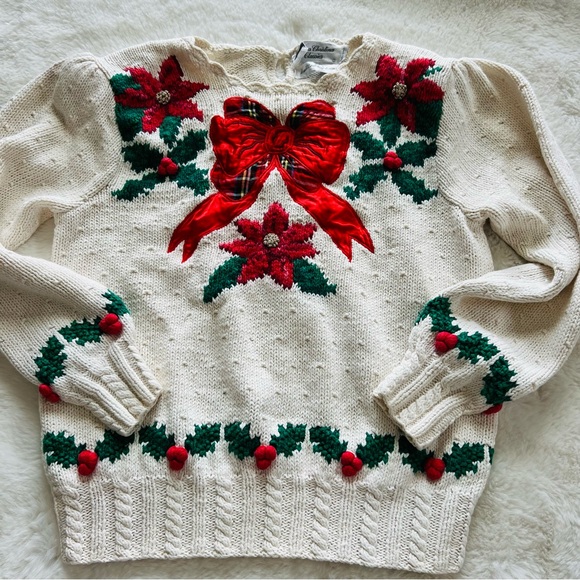 Vintage Red Bow Ugly Christmas Pullover Size M. Knitted by hand. - Picture 2 of 15